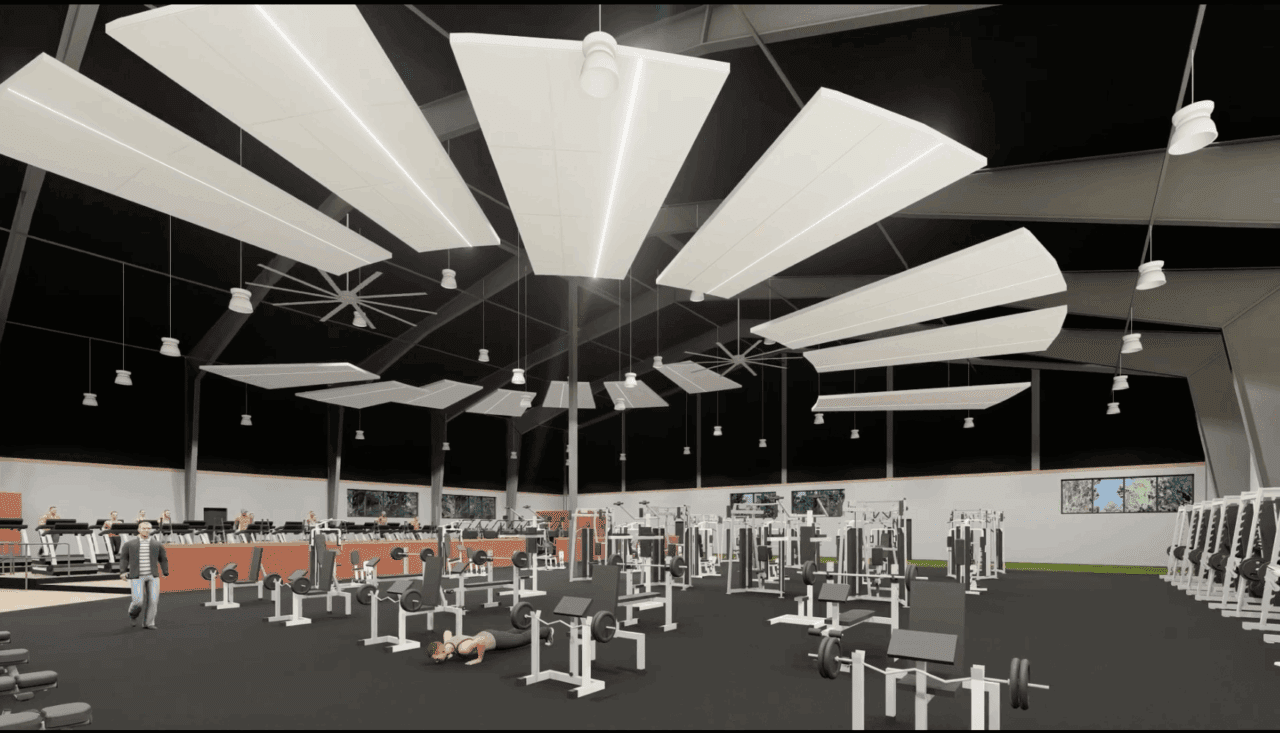 Rendering of Peak Fitness Coeur d'Alene's newly remodeled weight room, featuring updated flooring, modern strength equipment, and elevated lighting design for an improved workout experience.